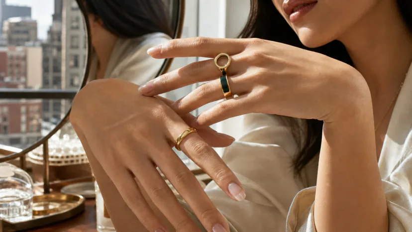 Pride hand styling with gray press-on nails and one peony enamel accent