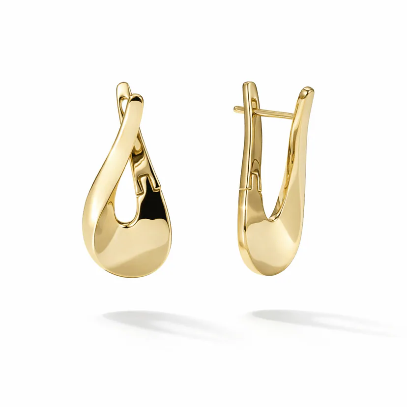 gold drop earrings in 18k gold vermeil, modern sculptural teardrop loop design with high-polish finish