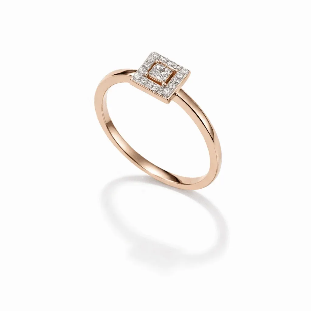 rose gold ring gold vermeil modern square halo setting with clear pavé stones and polished slim band