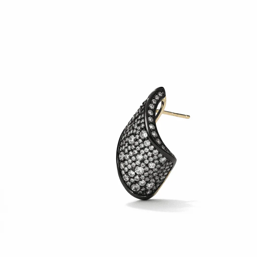 Stud earrings in gold vermeil with black enamel curve and pavé clear stones, modern sculptural statement design