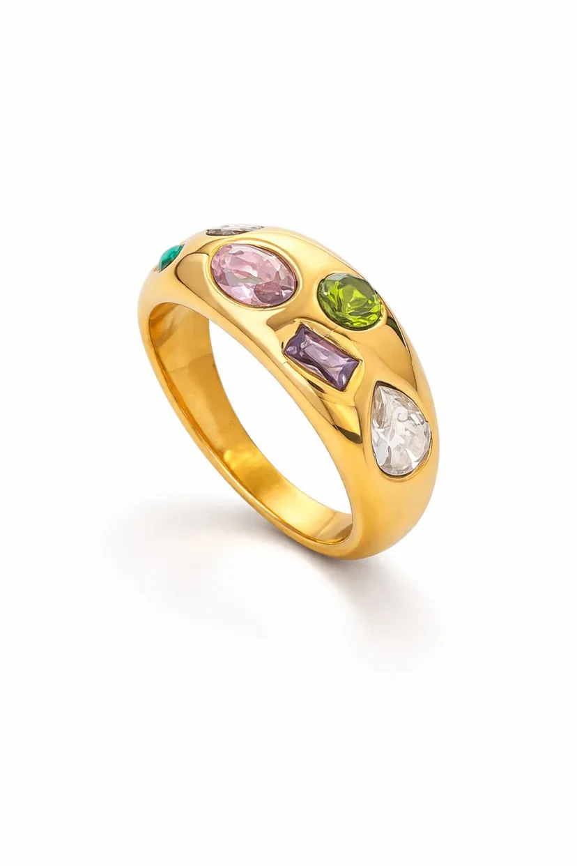 gemstone ring in 18k gold vermeil, modern domed band with pink oval, green round, lilac baguette and clear teardrop stones