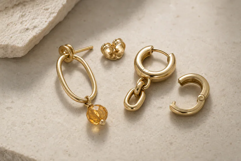 Gold-tone linked earrings and hoop closures arranged on a pale stone surface under directional light.