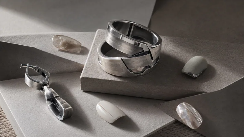 Press-on nails as miniature canvases arranged with sculptural silver rings and vivid color accents as wearable art.