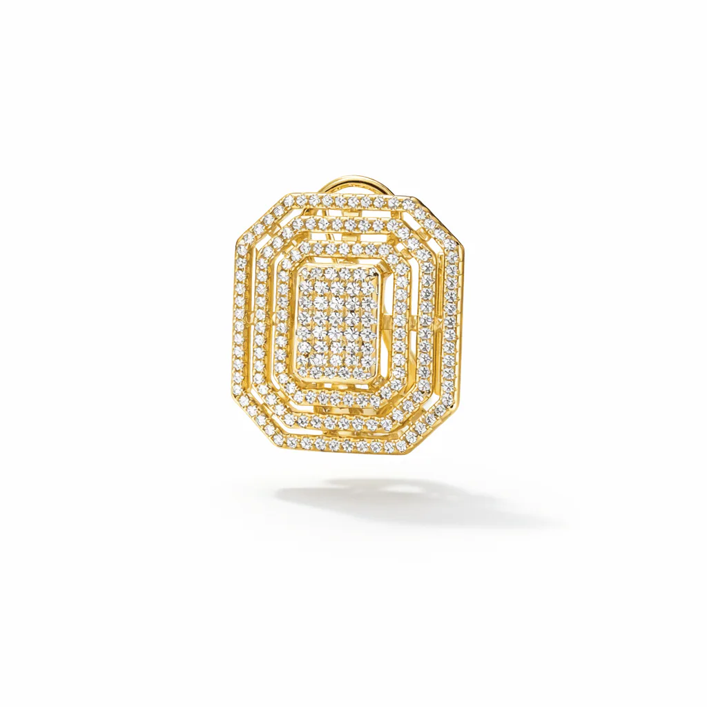 gold vermeil octagonal pendant with nested frames, clear pavé-set accents and a small top bail