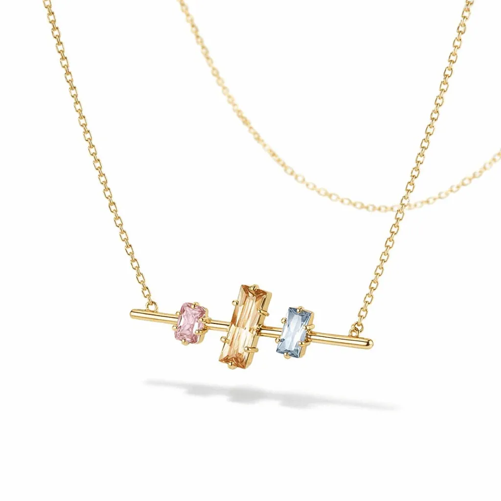 gold bar necklace with trio gems gold vermeil modern horizontal bar with baguette pink, champagne and blue stones