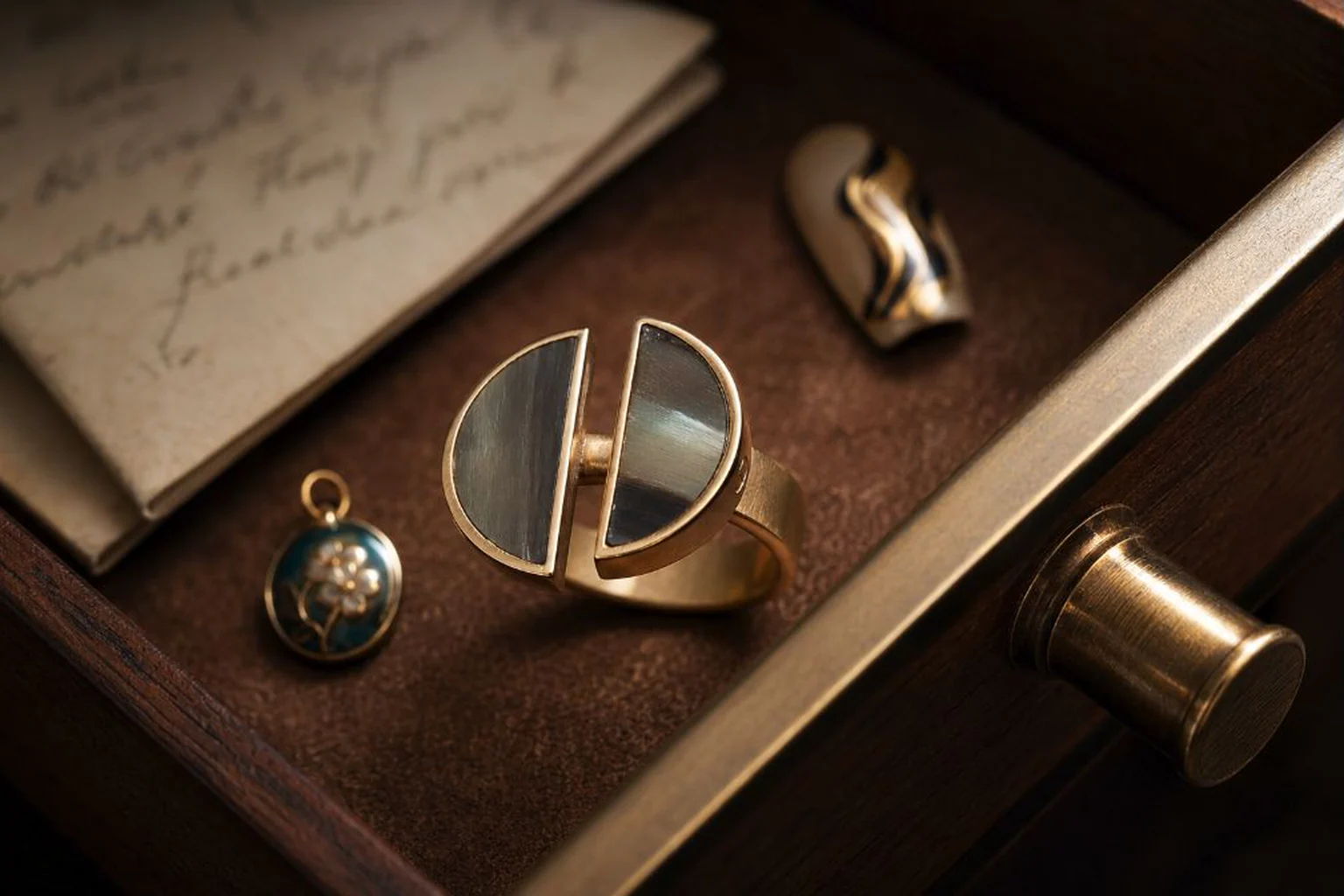 Sculptural gold and pearl jewelry arranged in a protective archival gift box