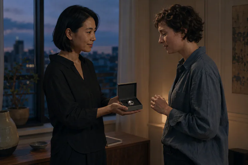 Two adults exchange an open matte box containing one sculptural silver-colored ring in a quiet apartment at dusk.