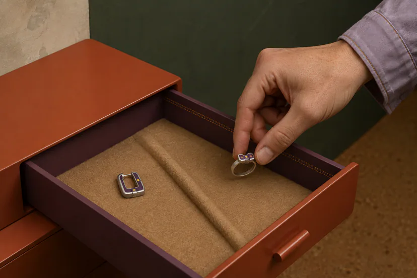 Adult hand lowers an enamel ring into a felt-lined drawer beside one closed enamel earring, leaving clear space between them.
