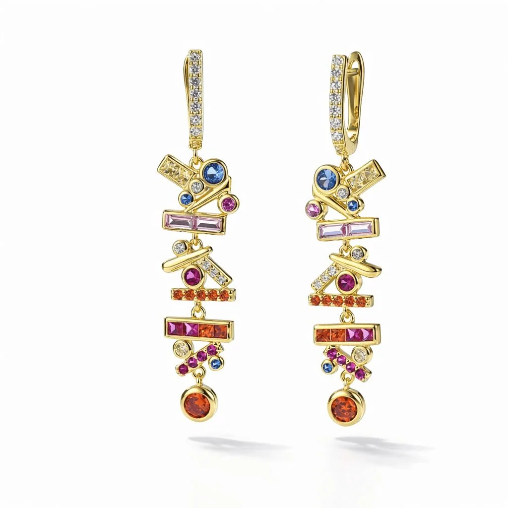 gold vermeil drop earrings with multicolor stones, modern geometric bars, pavé huggie hoops and bezel drops