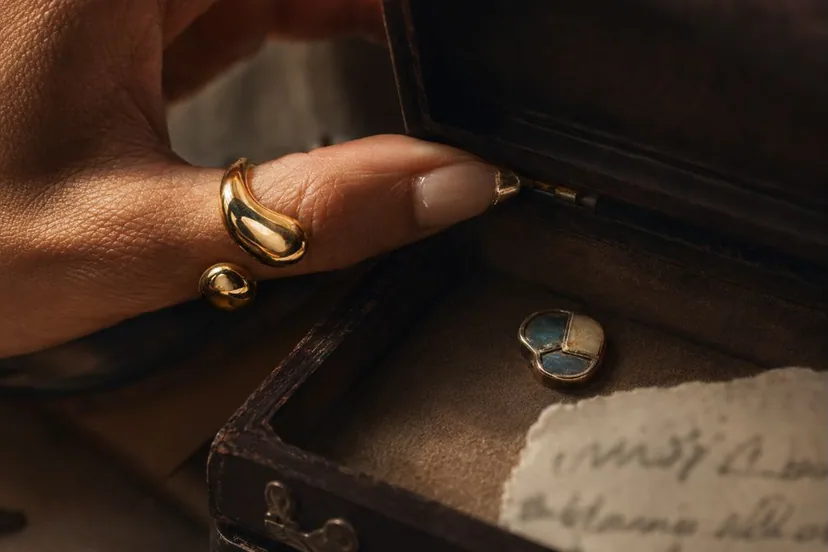 Meaningful objects after graduation close-up with enamel charm, chrome nails, and handwritten note