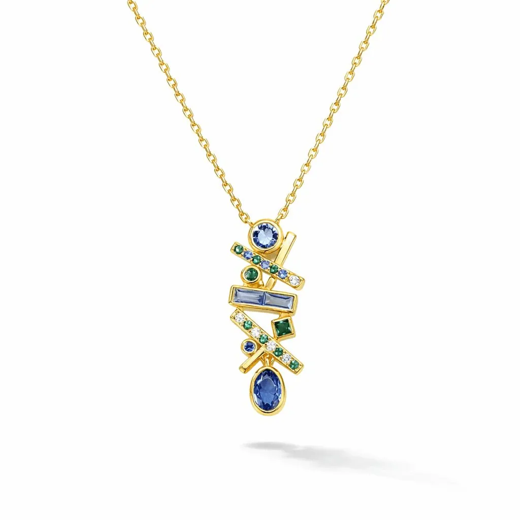 gold pendant necklace with blue stone gold vermeil geometric pendant with blue and green stones and crystal accents