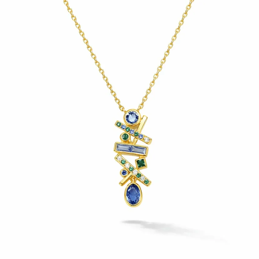 gold pendant necklace with blue stone 18k gold vermeil geometric pendant with blue and green stones and crystal accents