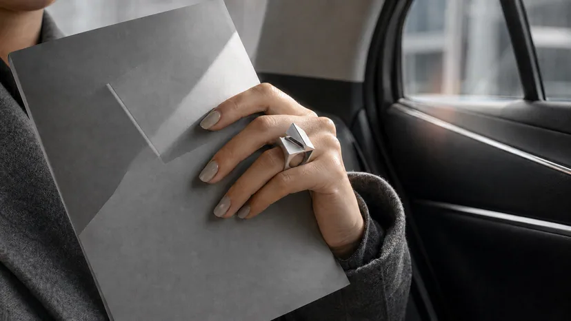 What to wear to an art gallery with neutral press-on nails, a sculptural silver ring, and quiet contemporary styling.