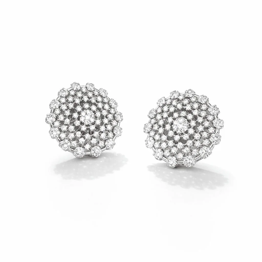silver cluster stud earrings silver vintage round halo design with pavé crystal stones and domed floral cluster detail
