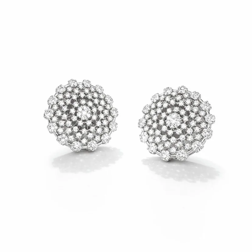 silver cluster stud earrings silver vintage round halo design with pavé crystal stones and domed floral cluster detail