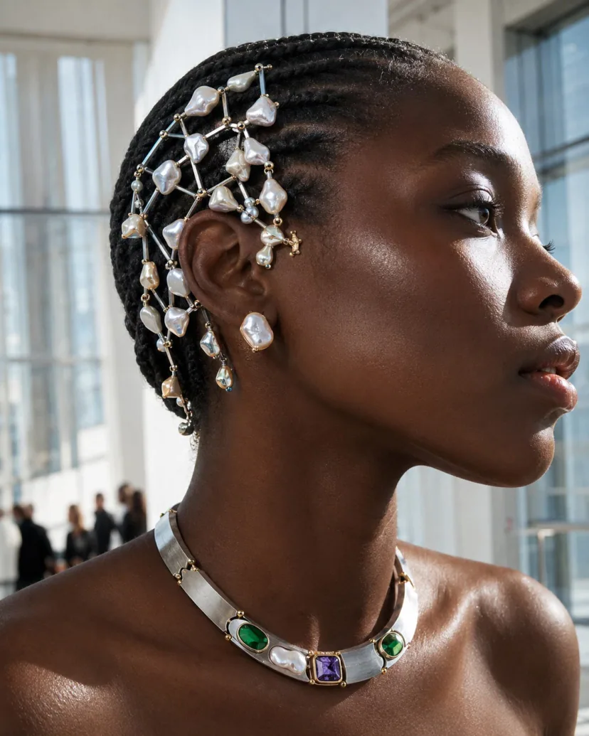 Adult Black model in a bright gallery wearing a pearl lattice through braided hair and a brushed titanium collar with green and violet accents
