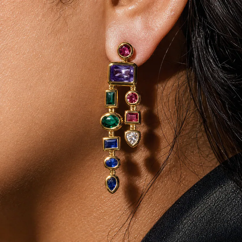 Ring and nail pairing editorial detail of a Switchroom multicolor gemstone drop earring