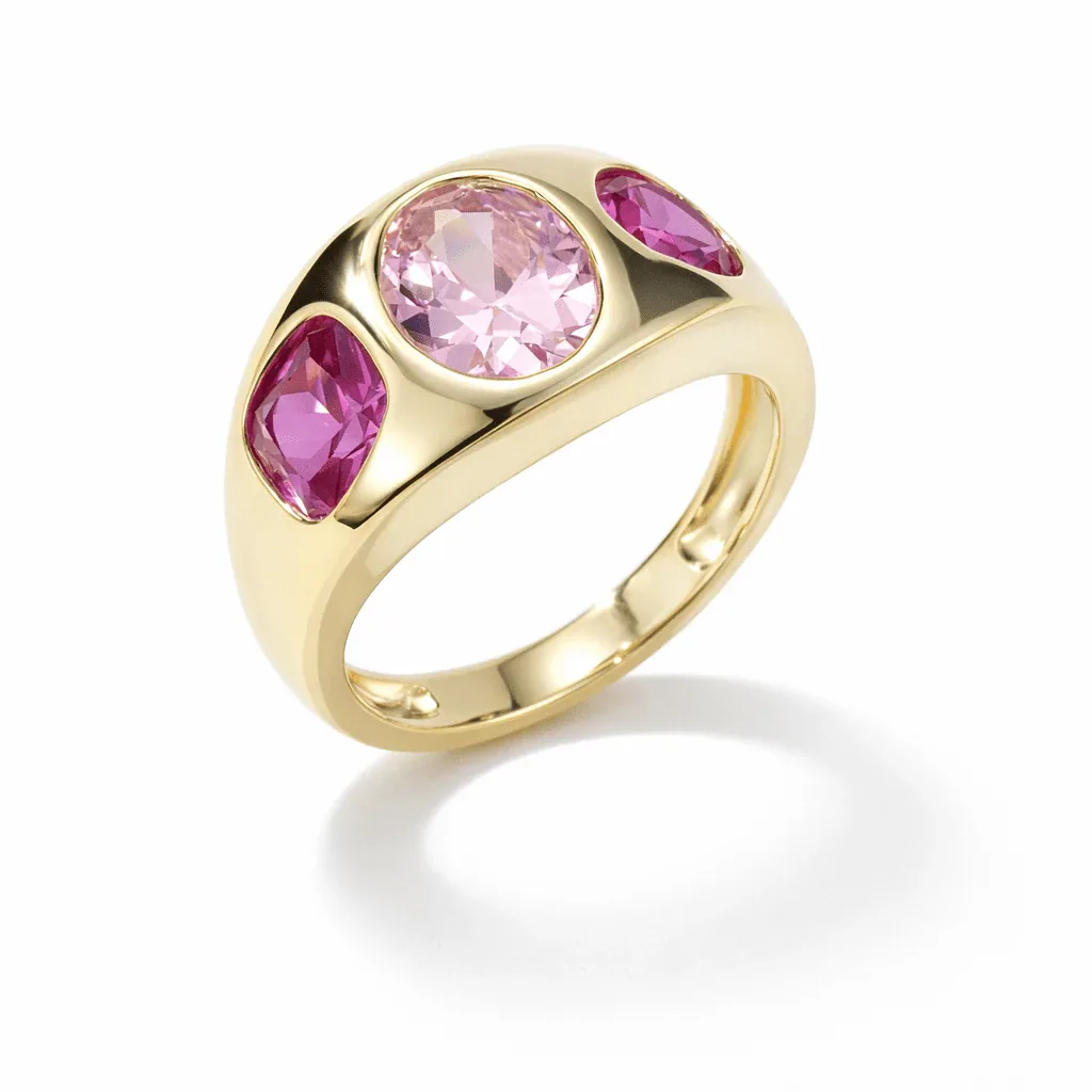 gold ring with pink gemstones in gold vermeil, modern dome statement design with trio faceted pink stones