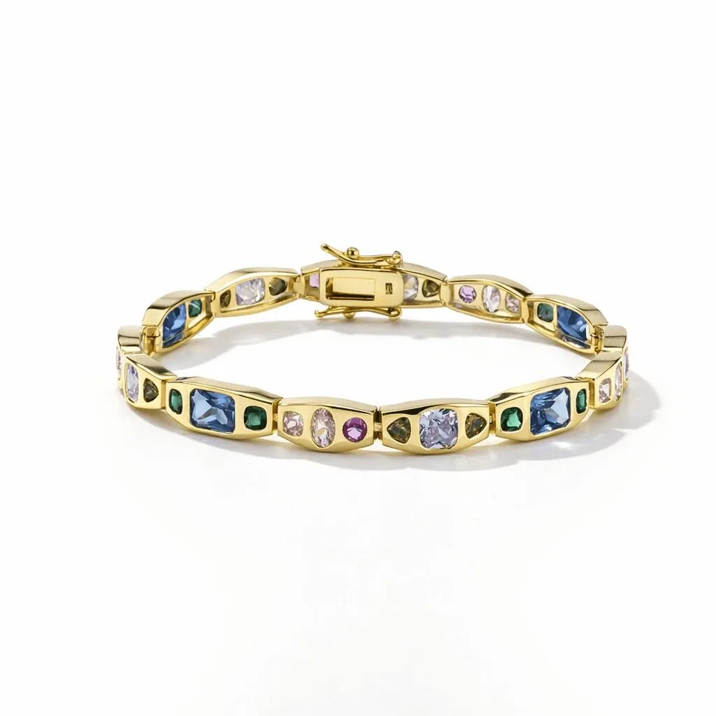gemstone tennis bracelet in gold vermeil, geometric link design with multi color faceted stones and sleek clasp