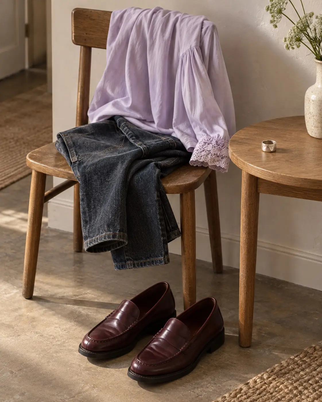 Pale lilac lace-cuff blouse and faded dark jeans draped on a wood chair beside one broad silver-toned ring and burgundy loafers