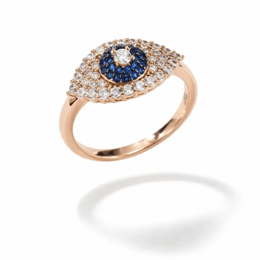 evil eye ring 18k gold vermeil modern marquise eye with sapphire-blue center and sparkling pavé halo stones