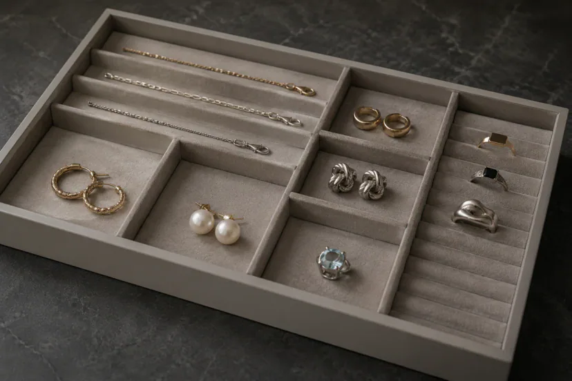 Soft tray dividers separate clasped necklaces, earrings and a stone-set ring into independent footprints.