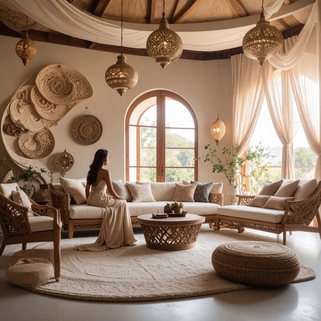 Warm bohemian living room filled with natural light, inviting slow, soulful living.