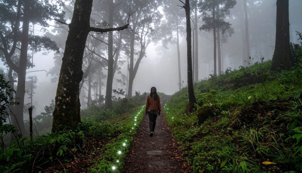 Person walking along a misty forest path lined with soft lights, representing an ongoing inner journey.