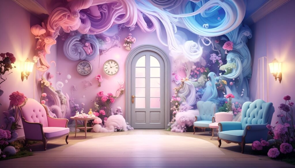 Surreal pastel room with a central door, symbolising a threshold into a new version of yourself.