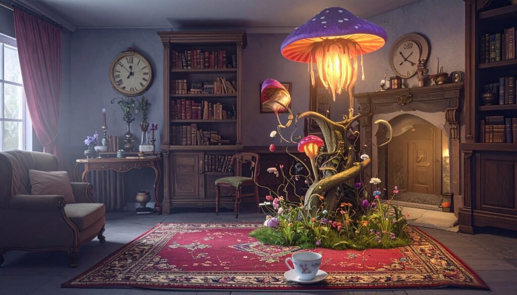 Fantastical living room with giant glowing mushrooms, evoking Alice in Wonderland.