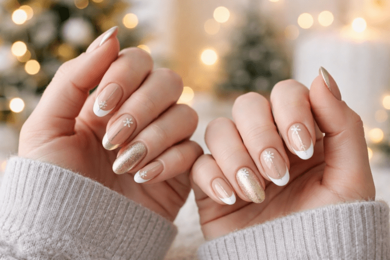 Cozy holiday nails with a beige base and delicate gold snowflakes, perfect for family gatherings and homecoming.