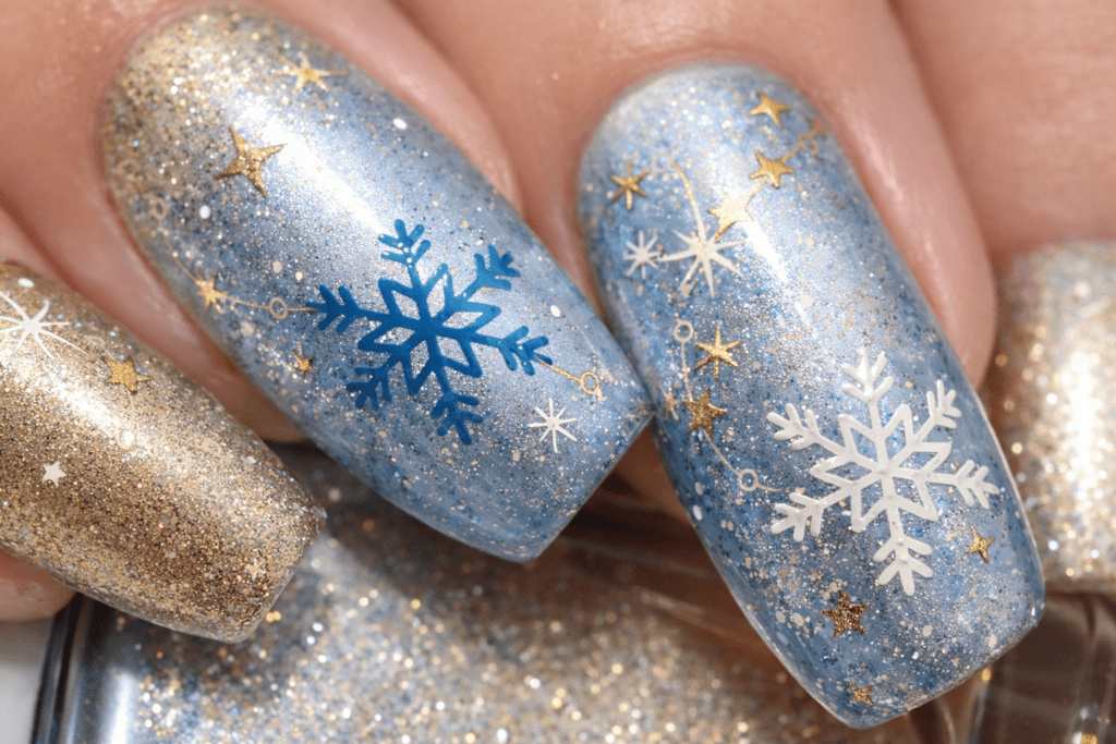 Sparkly winter nails with metallic gold accents and frosty blue base, perfect for New Year’s Eve parties and festive gatherings.