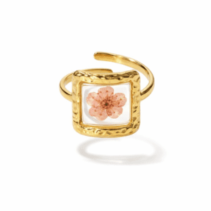 gold flower resin ring gold-tone modern square bezel with clear resin window and preserved blush flower detail