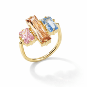 Gemstone ring in 18k gold vermeil, modern trio setting with pink heart, champagne baguette and blue emerald-cut stones