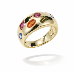 gold dome ring 18k gold vermeil modern dome band with multicolor gemstone inlays in mixed cuts