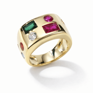 cocktail ring 18k gold vermeil modern dome band with multicolor gemstone mosaic accents in green and fuchsia