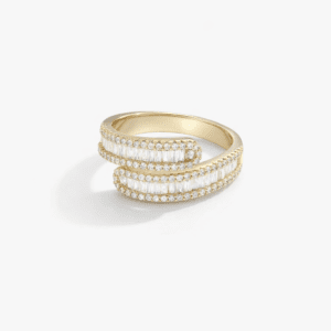 gold wrap ring gold modern wrap design with baguette row and pavé halo sparkle, polished band finish