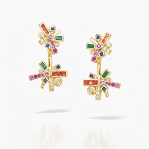 gold drop earrings with gems in 18k gold vermeil, modern geometric mosaic with multicolor stones and crystal accents