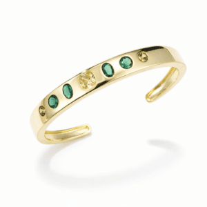 gold cuff bracelet 18k gold vermeil modern open cuff with bezel-set green stones and citrine-toned center