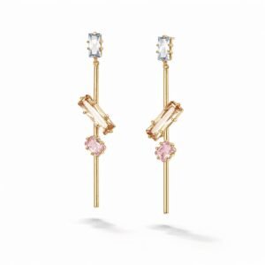 drop earrings in 18k gold vermeil, modern linear bars with clear baguette, champagne baguette and pink crystal accents