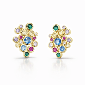 18k gold vermeil stud earrings with multicolor gemstone cluster, bezel-set rounds in modern floral layout