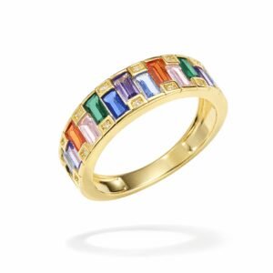 Gold ring with multicolor baguette stones in 18k gold vermeil, Art Deco band with square-set accents