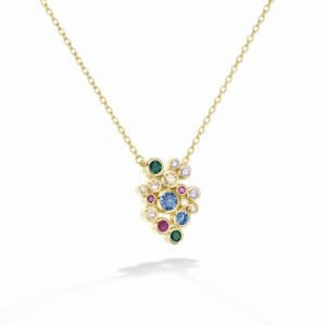 Gold gemstone pendant necklace in 18k gold vermeil with multicolor bezel-set cluster stones on fine chain