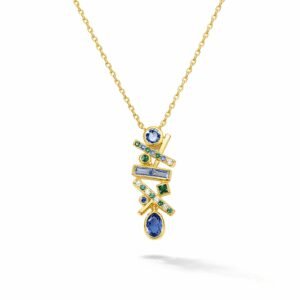 gold pendant necklace with blue stone 18k gold vermeil geometric pendant with blue and green stones and crystal accents