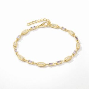 Gold link bracelet with baguette stones in 18k gold vermeil with lilac baguettes and crystal station links
