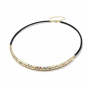 gold necklace with multicolor stones in 18k gold vermeil modern bar design with black cord and extender chain