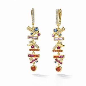 18k gold vermeil drop earrings with multicolor stones, modern geometric bars, pavé huggie hoops and bezel drops