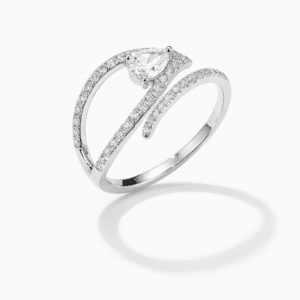silver open ring sterling silver modern wrap design with pear-cut clear stone and pavé-set sparkling accents