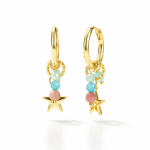 gold hoop earrings gold modern hoops with pastel gemstone drop beads and sculpted star charm dangle
