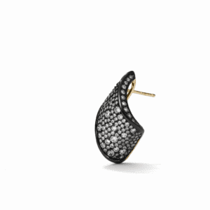 Stud earrings in 18k gold vermeil with black enamel curve and pavé clear stones, modern sculptural statement design
